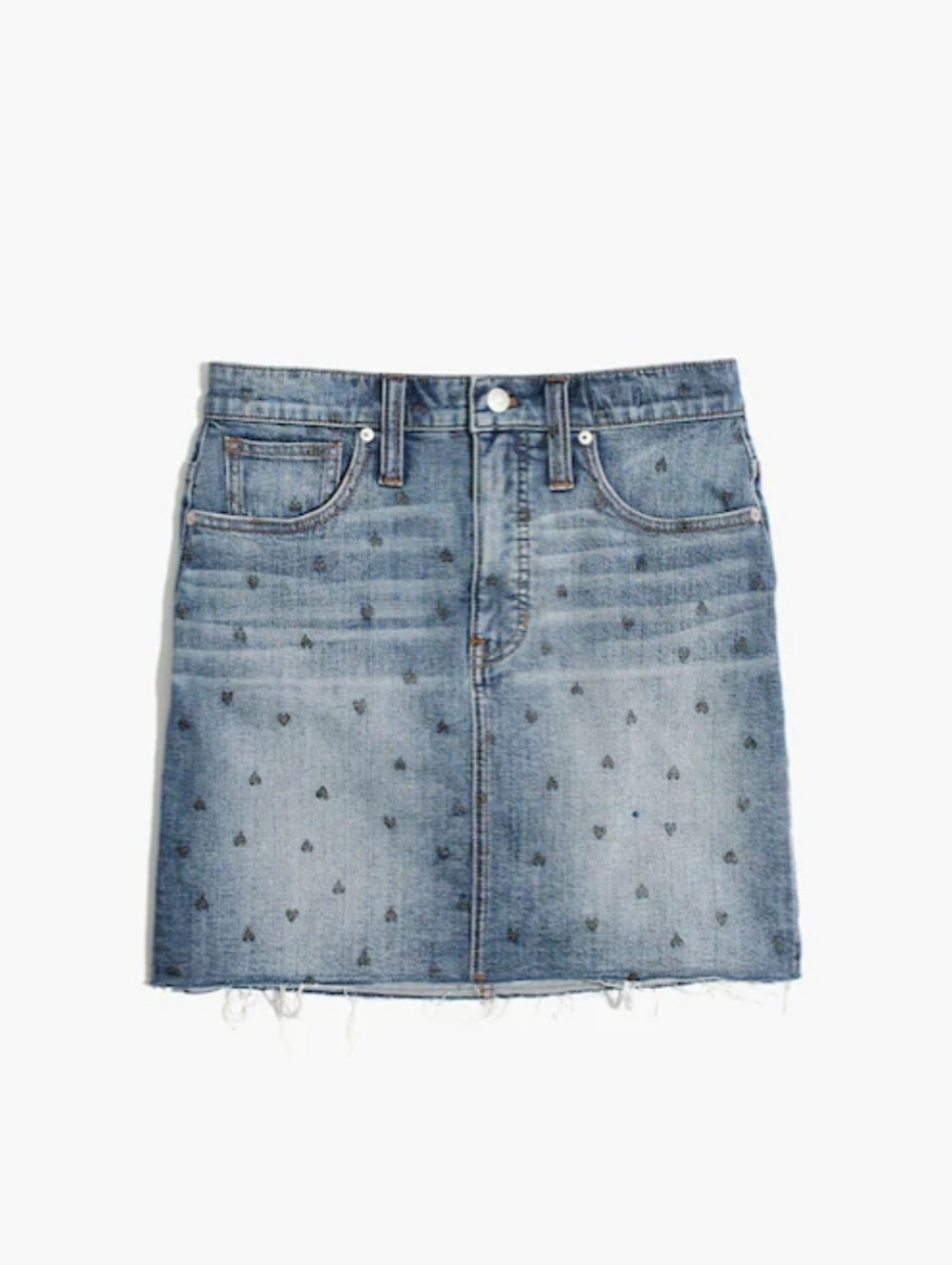 Madewell Stretch Denim Straight Mini Skirt Heart Print Edition Size 30 NWT